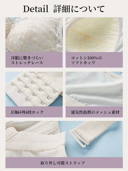 ブラジャー 大きいサイズ ブラ ノンワイヤー 胸を小さく見せるブラ 着痩せ効果 フルカップブラ 小さく見せる 脇高 補正下着 脇高設計 ブラジャー フルカップ レース 背中 スッキリ レース ワイヤレス ブラ 脇肉防止 薄い 通気  b75~g100