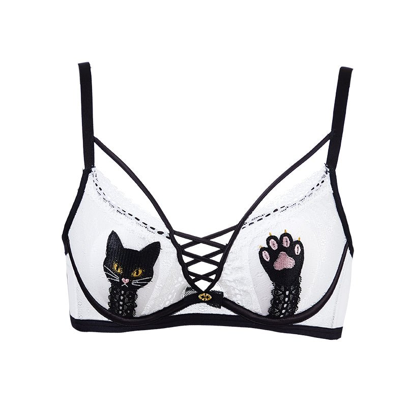 ブラジャー ソフトワイヤー  薄カップ ネコチャーム柄 かわいい レース 3列3ホック通気性  TIRASS