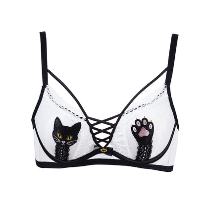 ブラジャー ソフトワイヤー  薄カップ ネコチャーム柄 かわいい レース 3列3ホック通気性  TIRASS