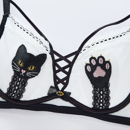 ブラジャー ソフトワイヤー  薄カップ ネコチャーム柄 かわいい レース 3列3ホック通気性  TIRASS