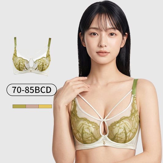 TIRASS ソフトワイヤーブラ 3/4カップ 薄型 胸を小さく見せる レース 脇高 4列3ホック レディース S-XL