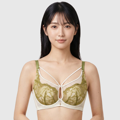 TIRASS ソフトワイヤーブラ 3/4カップ 薄型 胸を小さく見せる レース 脇高 4列3ホック レディース S-XL