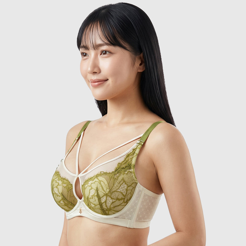 TIRASS ソフトワイヤーブラ 3/4カップ 薄型 胸を小さく見せる レース 脇高 4列3ホック レディース S-XL