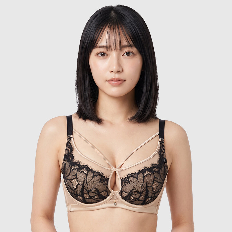 TIRASS ソフトワイヤーブラ 3/4カップ 薄型 胸を小さく見せる レース 脇高 4列3ホック レディース S-XL