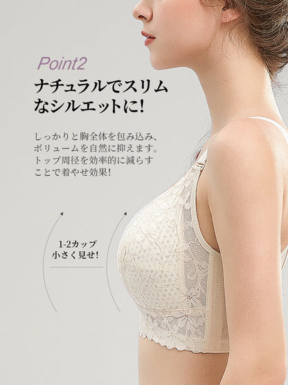 ブラジャー 大きいサイズ ブラ ノンワイヤー 胸を小さく見せるブラ 着痩せ効果 フルカップブラ 小さく見せる 脇高 補正下着 脇高設計 ブラジャー フルカップ レース 背中 スッキリ レース ワイヤレス ブラ 脇肉防止 薄い 通気  b75~g100