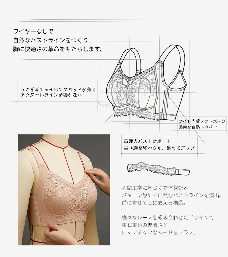 TIRASS 脇高ブラ ノンワイヤーブラジャー レース 補正ブラ 小さく見せる 脇肉カバー 離れ胸・垂れ防止 通気性 B75〜F95