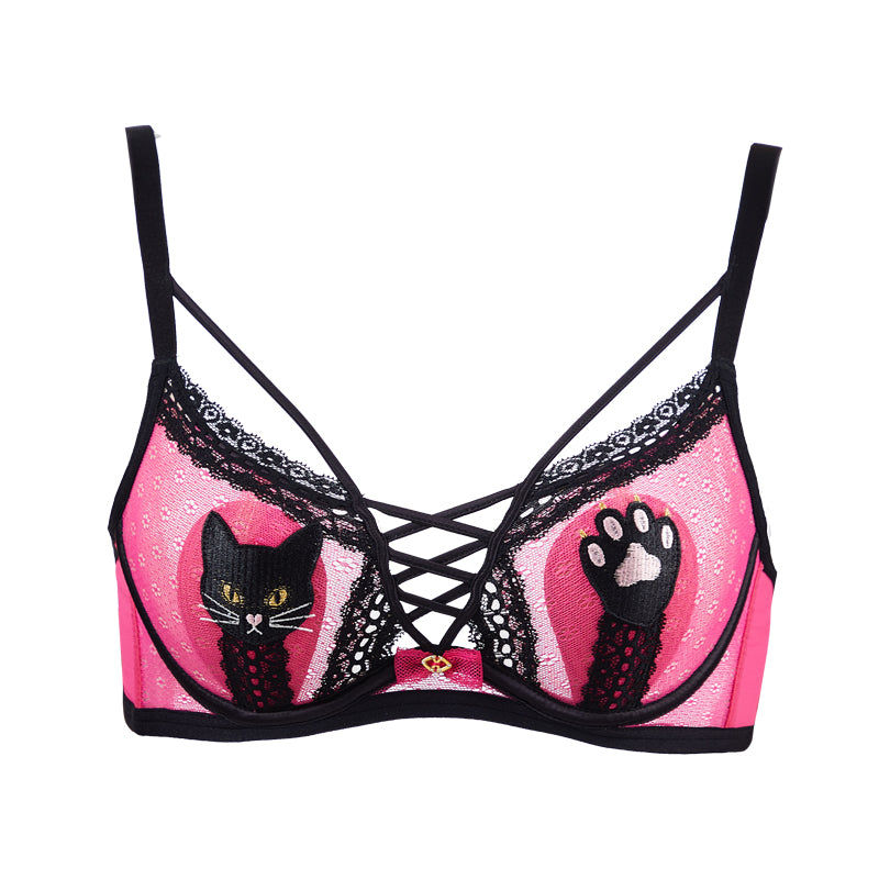 ブラジャー ソフトワイヤー  薄カップ ネコチャーム柄 かわいい レース 3列3ホック通気性  TIRASS