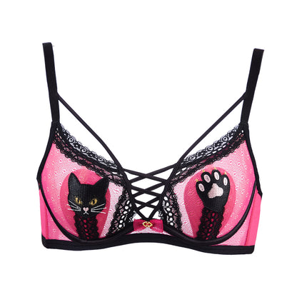 ブラジャー ソフトワイヤー  薄カップ ネコチャーム柄 かわいい レース 3列3ホック通気性  TIRASS